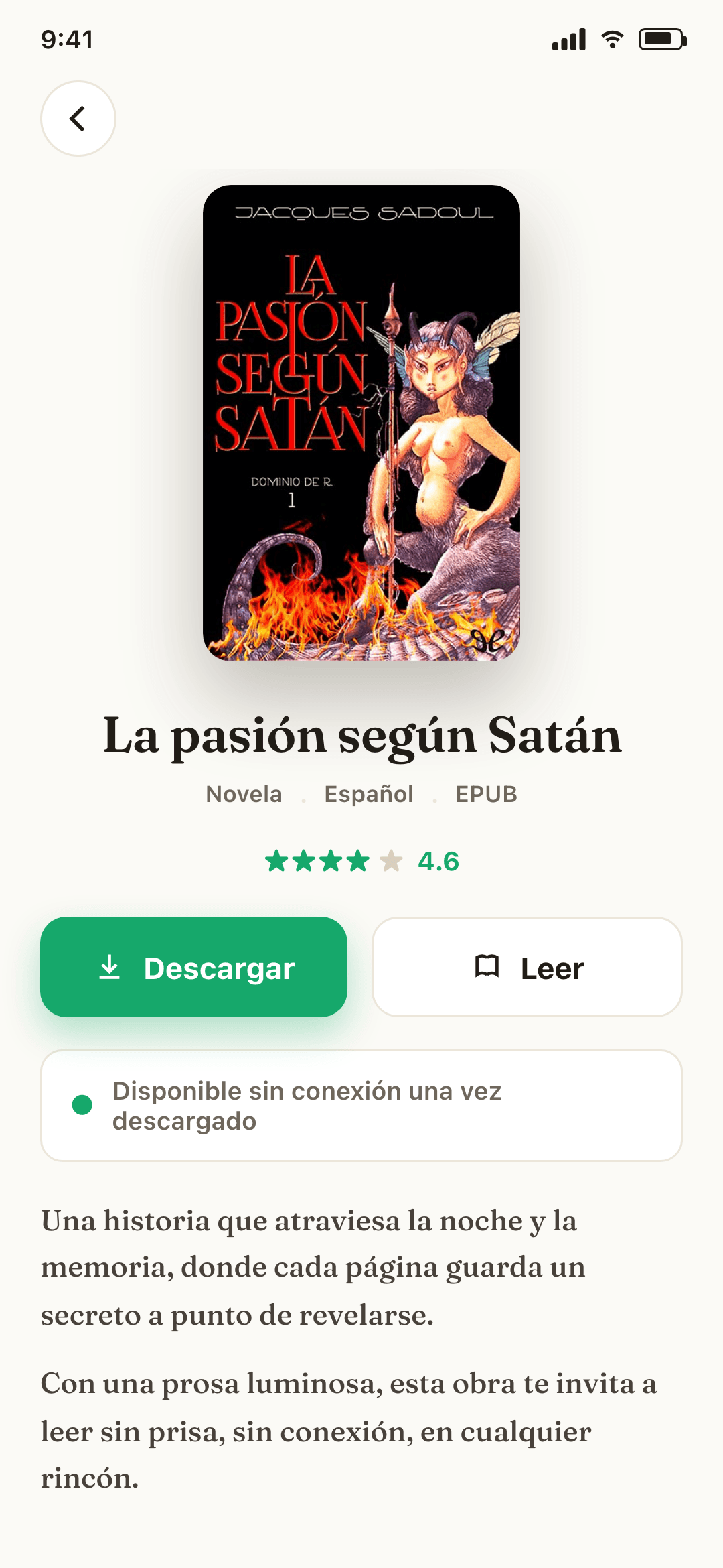 Ficha de un libro con botones para descargar y leer sin conexión.